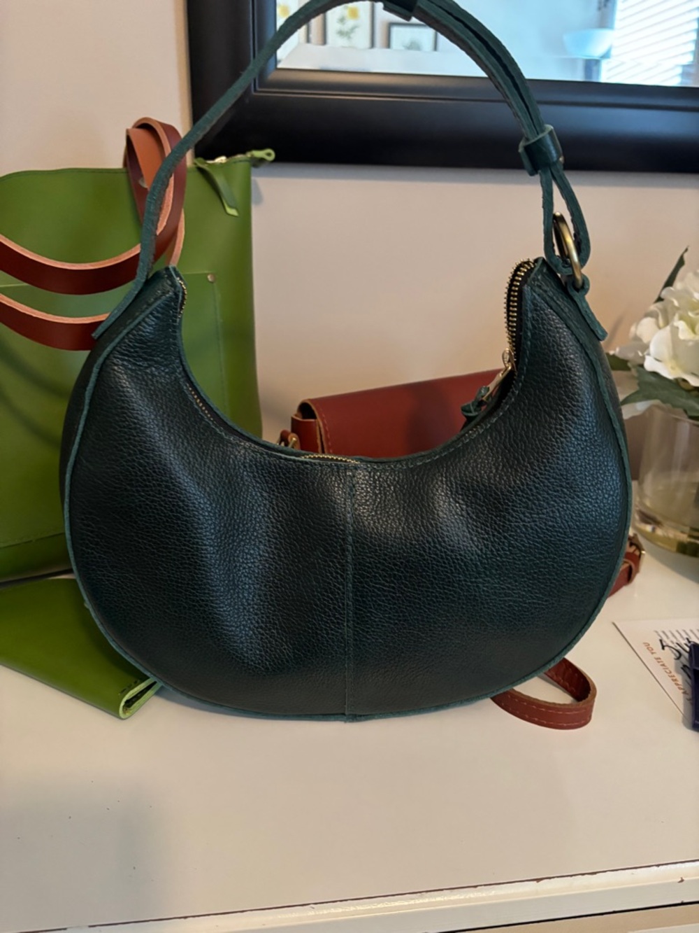 Portland Leather Goods Forest Green Pebbled Nora Shoulder Bag.  Classic size